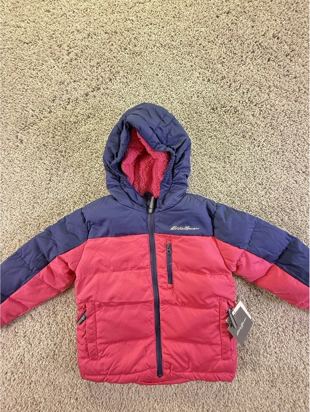NWT Eddie Bauer Girls XXS (4) Pink and Blue Jacket With Hood Mid Weight